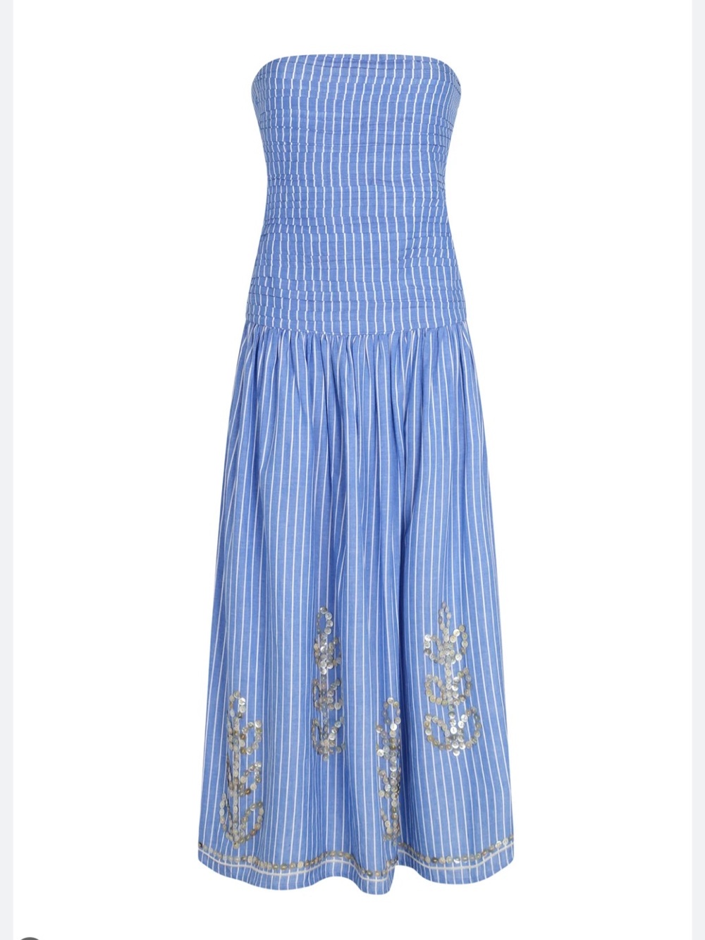 Carolina K Malla dress striped Blue Strapless Maxi with Sequin Floral Embroidery